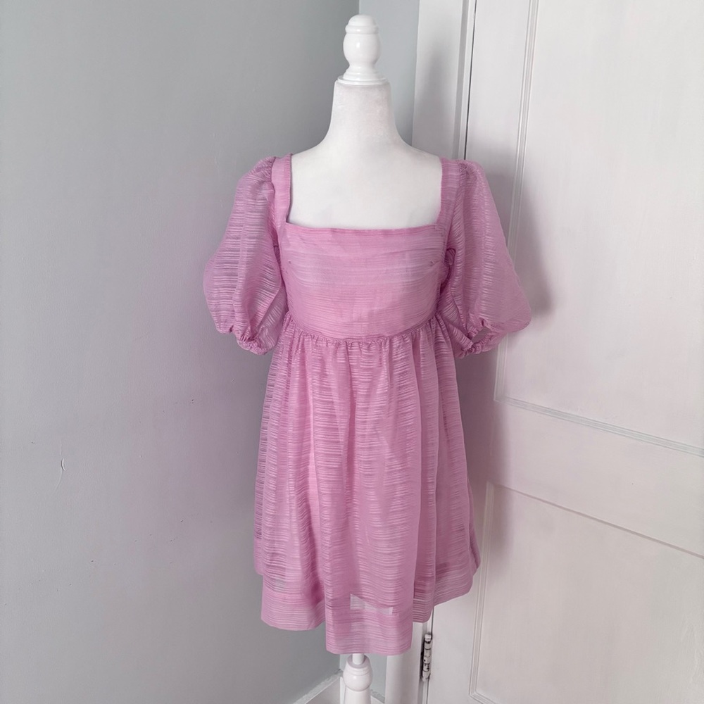 BHLDN x Free People Alaine Dress Mini Puff Sleeve Bow Back Square Neck Pink - Picture 2 of 7
